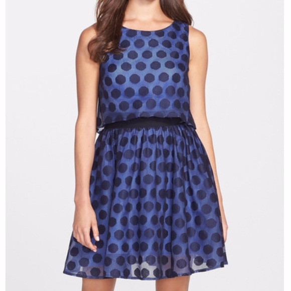BETSEY JOHNSON Dress A-Line Sleeveless Polka Dot Lace Popover Blue Sizes 6 10 - Picture 1 of 9